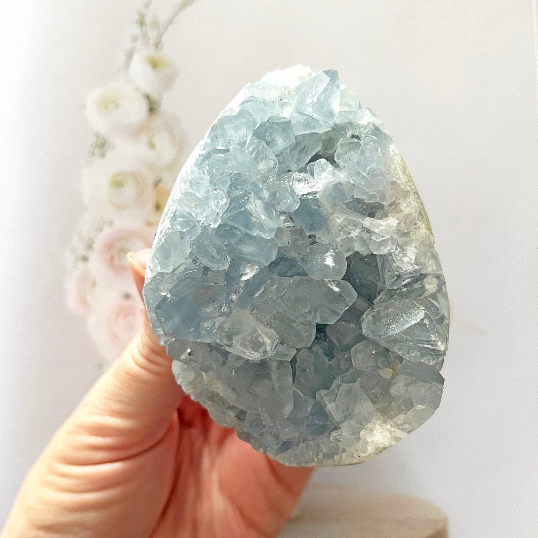 Blue Celestine crystal cluster egg shape