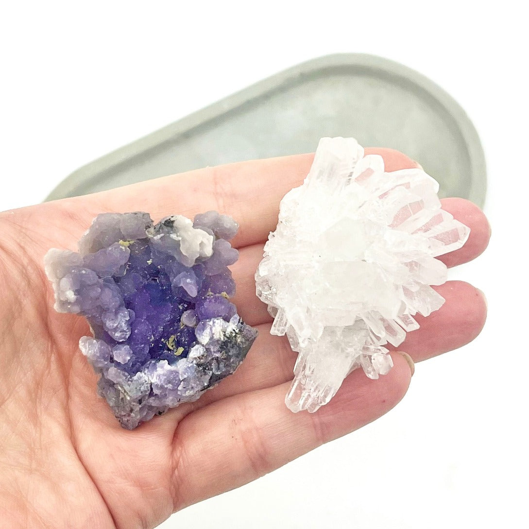 Grape agate and quartz cluster pair