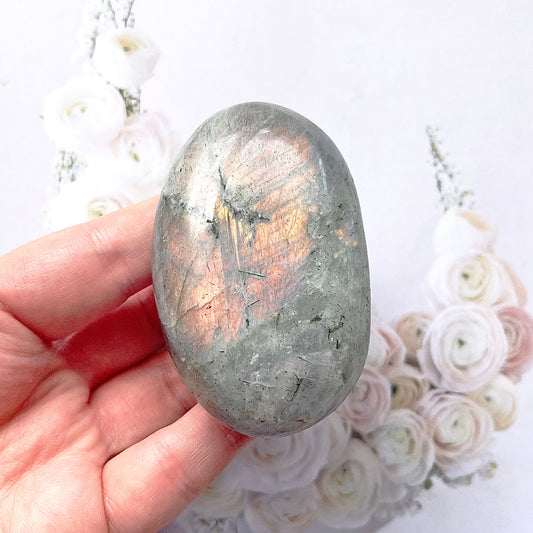 pink flash labradorite palm stone