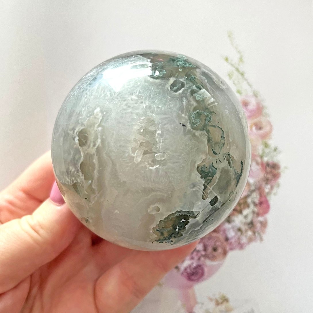 Moss Agate sphere with druzy