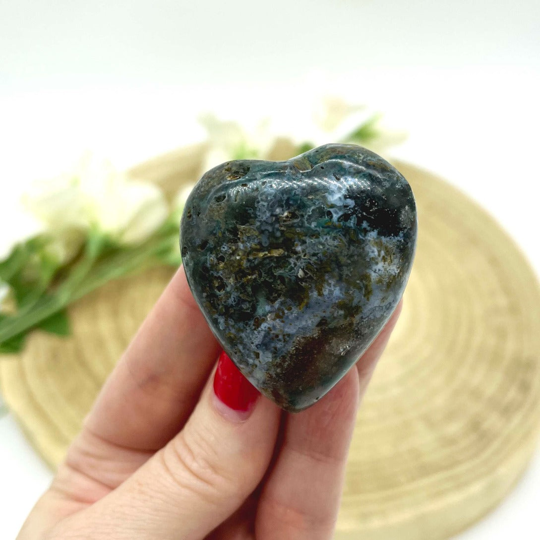 Moss agate stone heart crystal