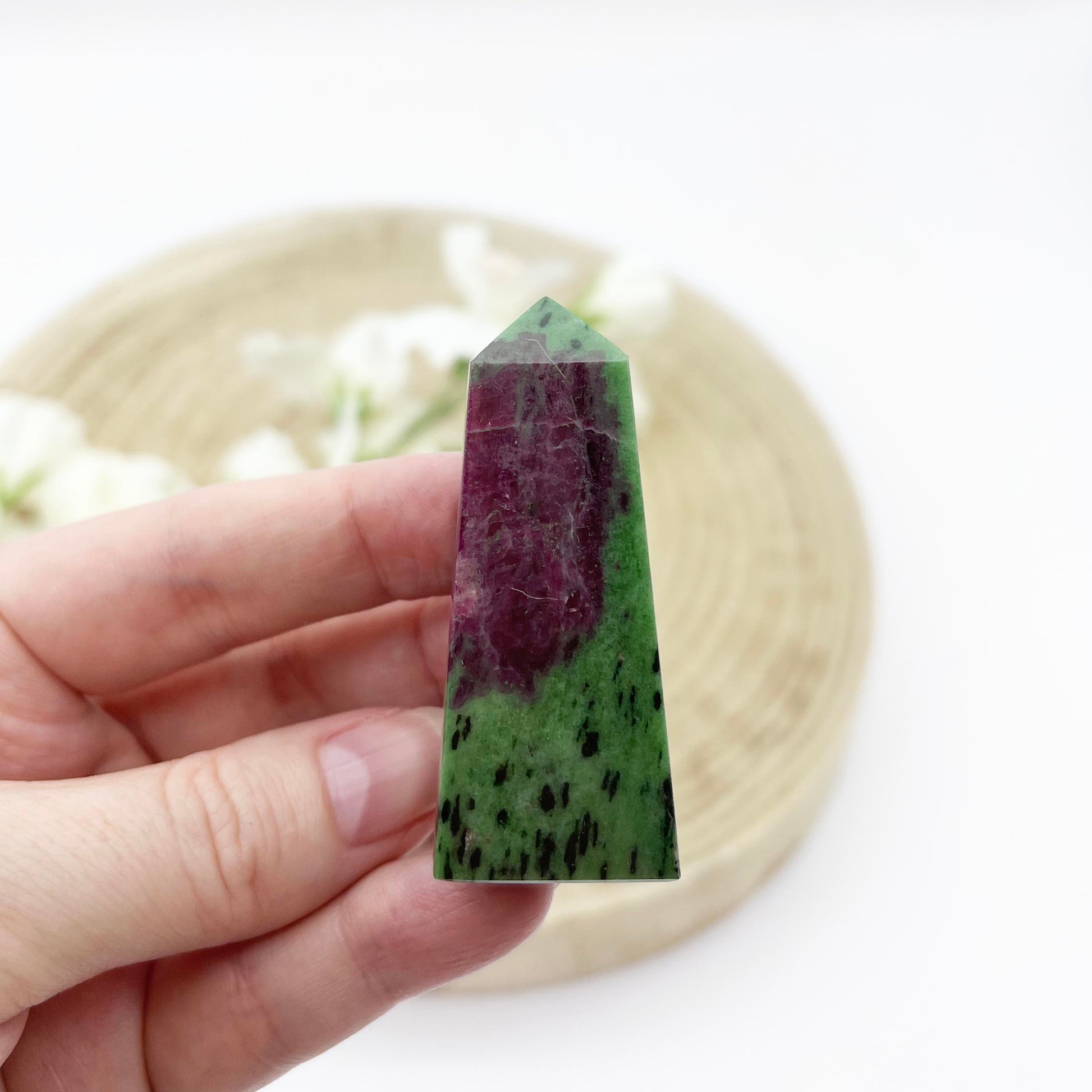 Ruby gemstone. Ruby zoisite crystal tower