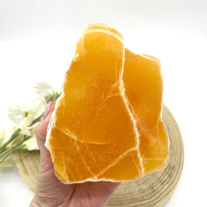 polished orange calcite crystal slab Australia